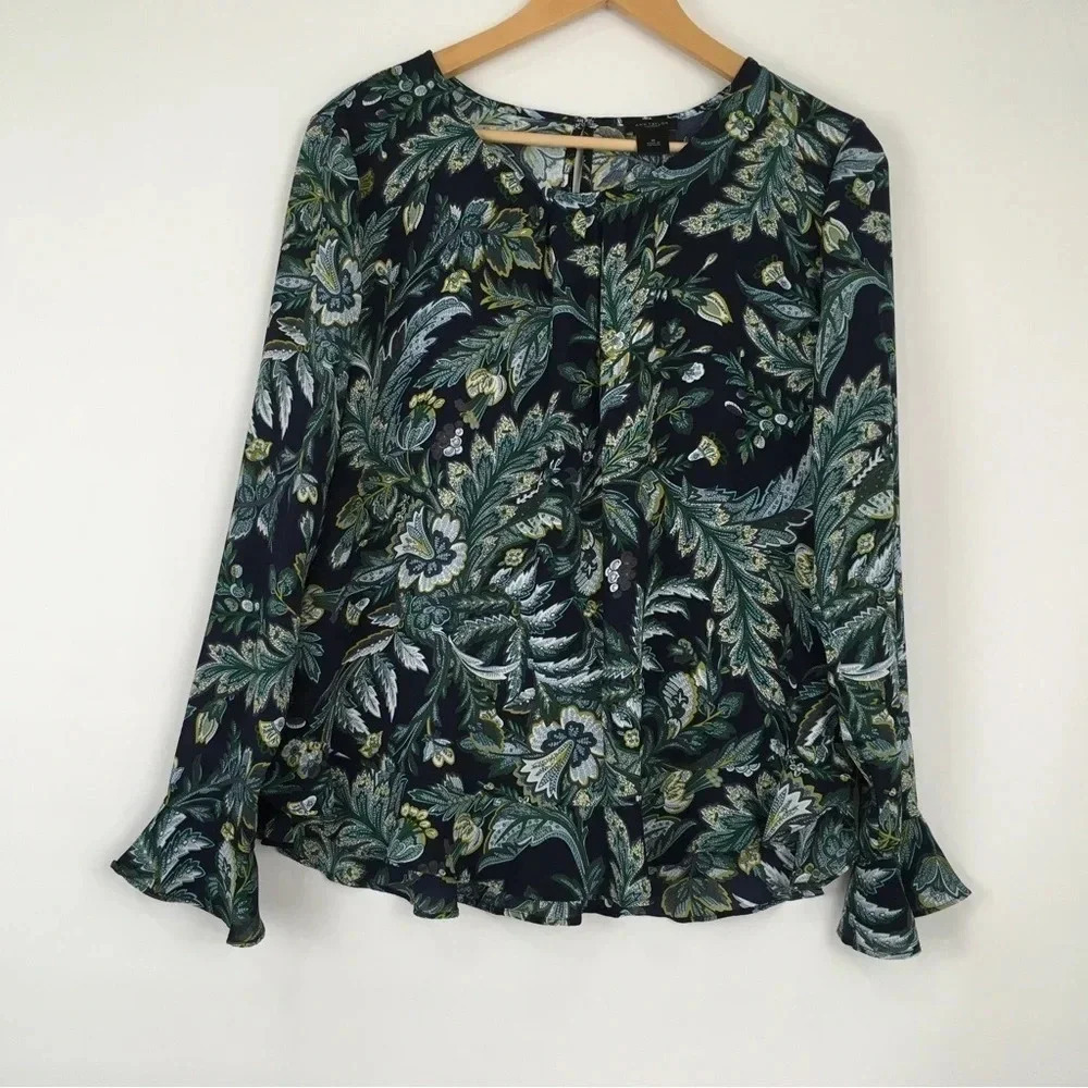 Ann Taylor Factory Floral Long‎ Sleeve Ruffle Blouse Size Medium